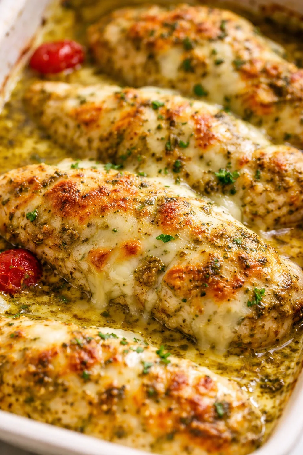 Tight detail shot of Pesto Chicken Bake highlighting texture