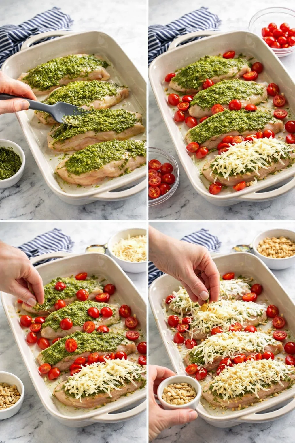 Chicken breasts topped with basil pesto, halved cherry tomatoes, shredded mozzarella, grated Parmesan, and nuts