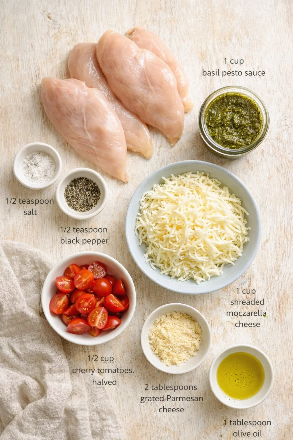 Measured ingredients arranged for Pesto Chicken Bake: 4 boneless, skinless chicken breasts, 1/2 teaspoon salt, 1/2 teaspoon black pepper, 1 cup basil pesto sauce, 1 cup shredded mozzarella cheese, 1/2 cup cherry tomatoes