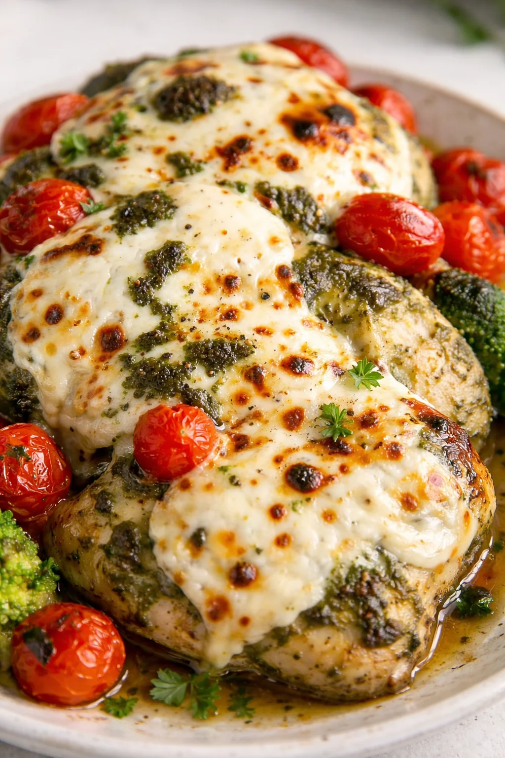 baked chicken with melted cheese, pesto, broccoli, and roasted cherry tomatoes on a plate