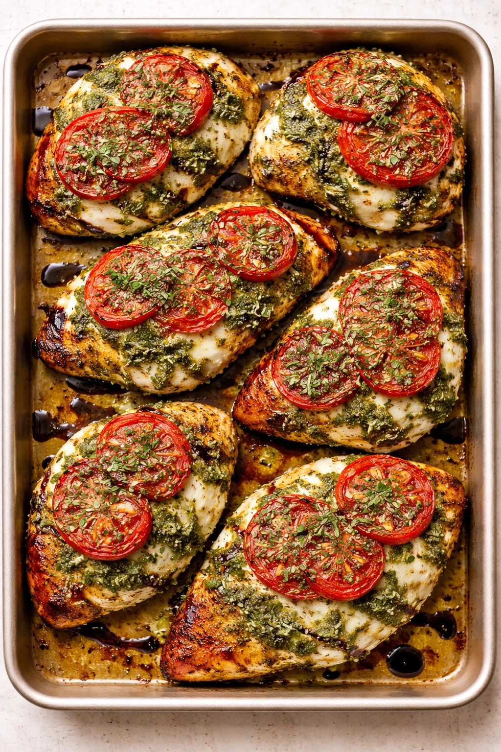 Six baked chicken breasts topped with tomato slices and green pesto on a metal baking sheet.