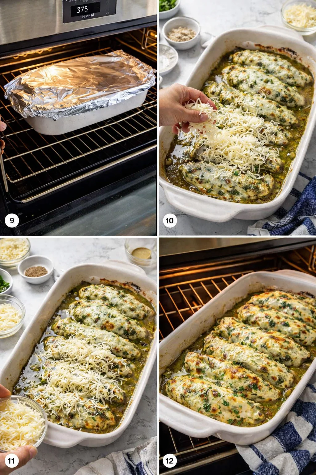 collage showing step-by-step prep and baking of spinach-cheese chicken in a white casserole