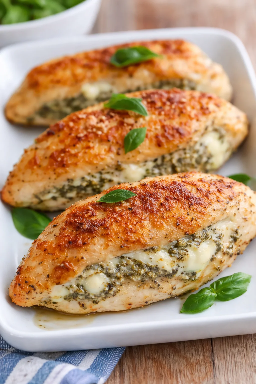 Three golden-brown herb-stuffed chicken breasts on a white baking dish with melted cheese and basil garnish.