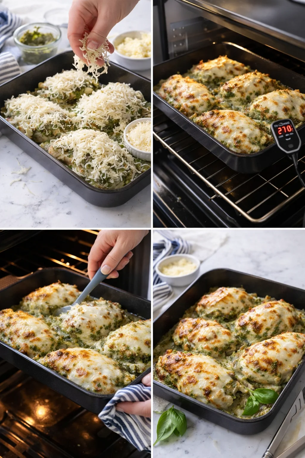collage of pesto-chicken parmesan being prepared, baked, and finished with melted mozzarella