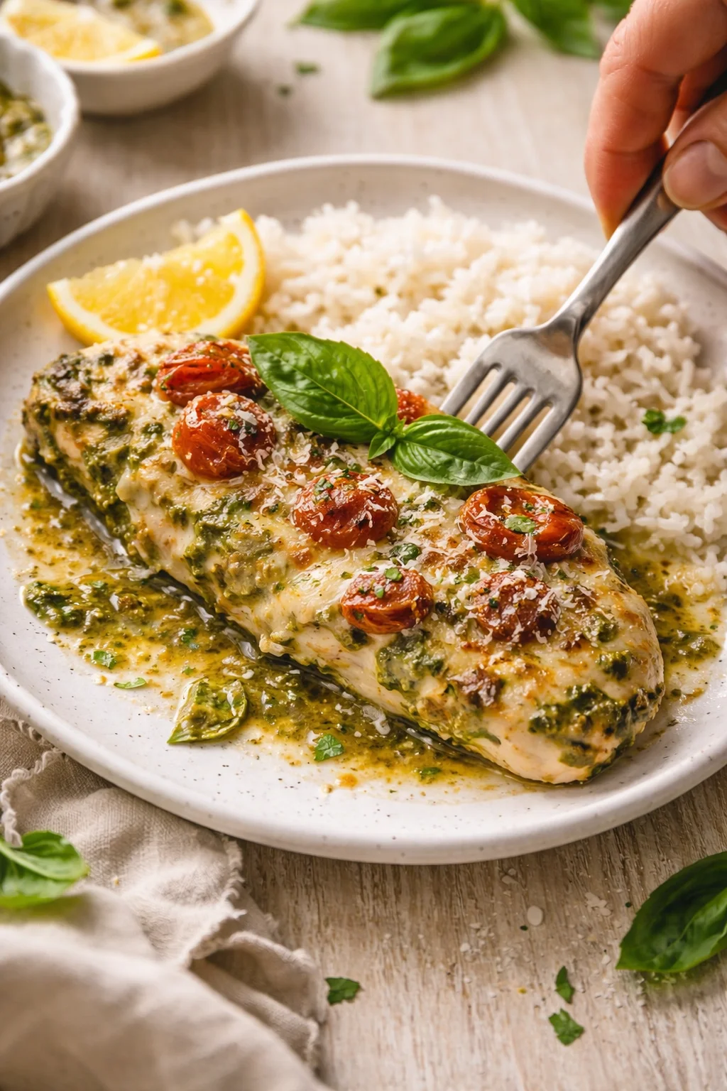 plated pesto chicken with cherry tomatoes, basil, and rice on a rustic table
