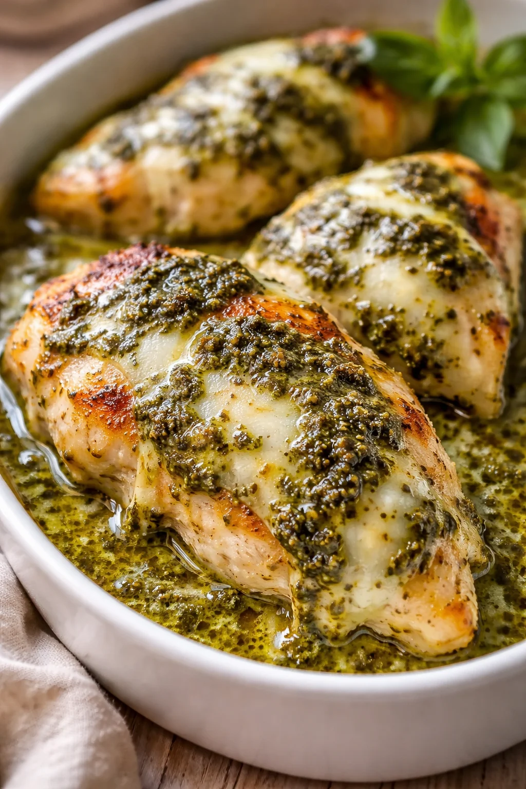 three salmon fillets in a baking dish, topped with pesto and melted cheese, with fresh herbs