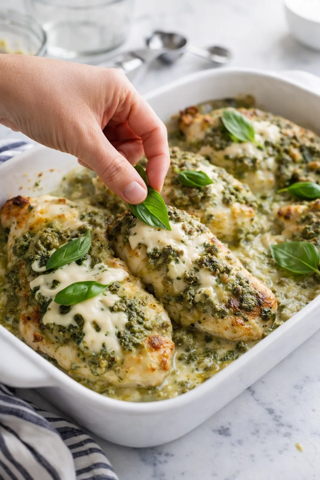 hand placing fresh basil leaf on creamy pesto chicken in a white baking dish