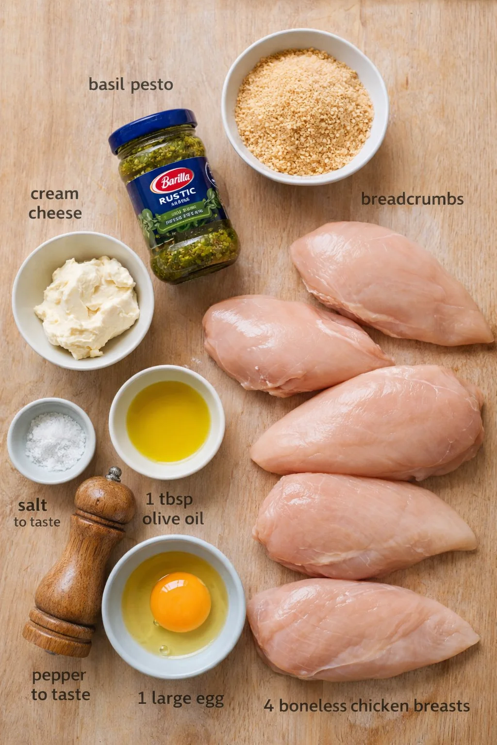 Flat lay of four chicken breasts with pesto, breadcrumbs, cream cheese, egg, oil, salt, and pepper on a wooden board.
