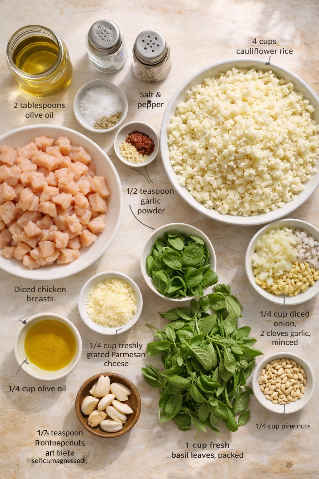 Overhead view of ingredients for chicken with cauliflower rice, olive oil, basil, and nuts.
