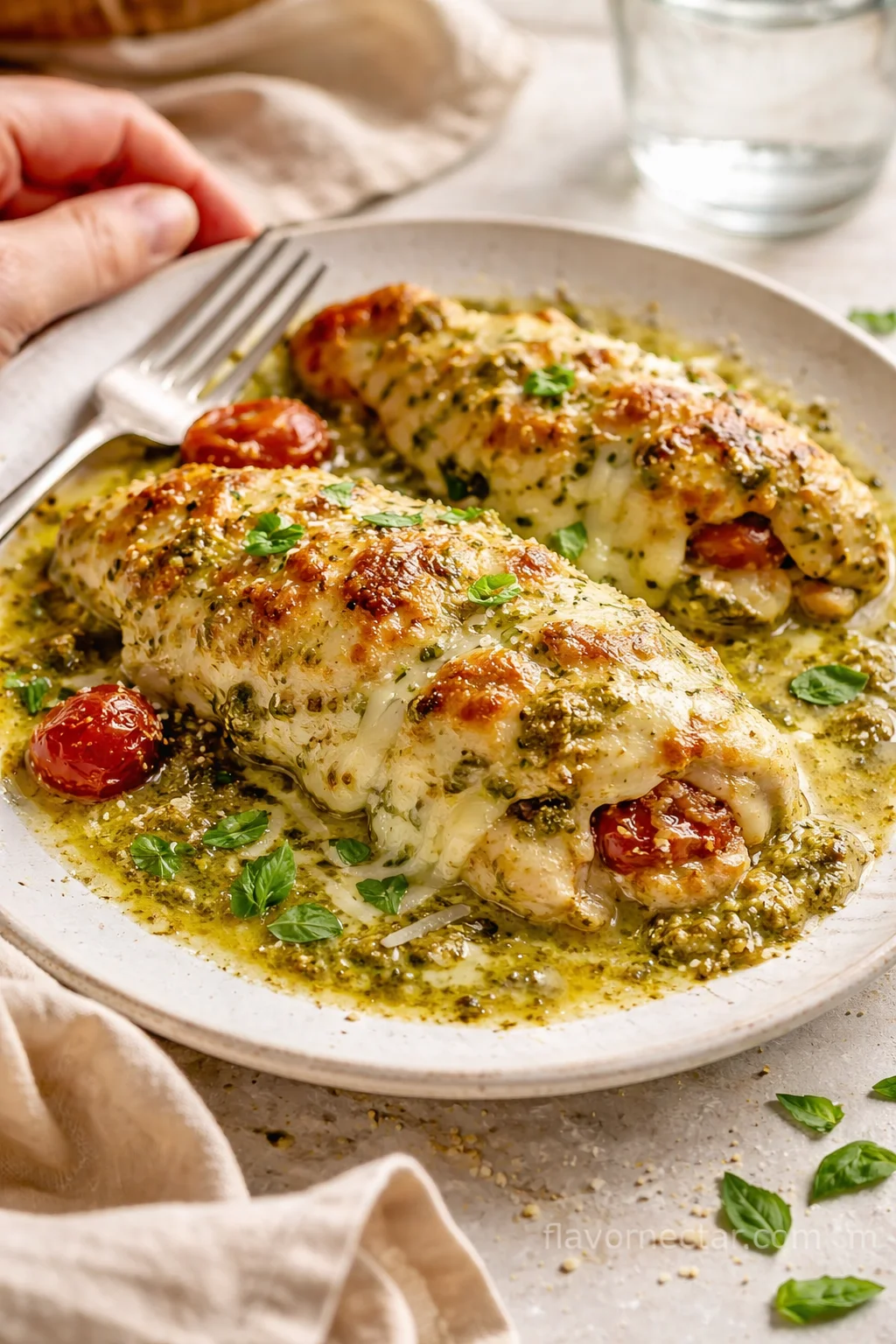 Two baked chicken breasts with melted cheese and herbs on a plate, surrounded by green pesto and roasted cherry tomatoes.