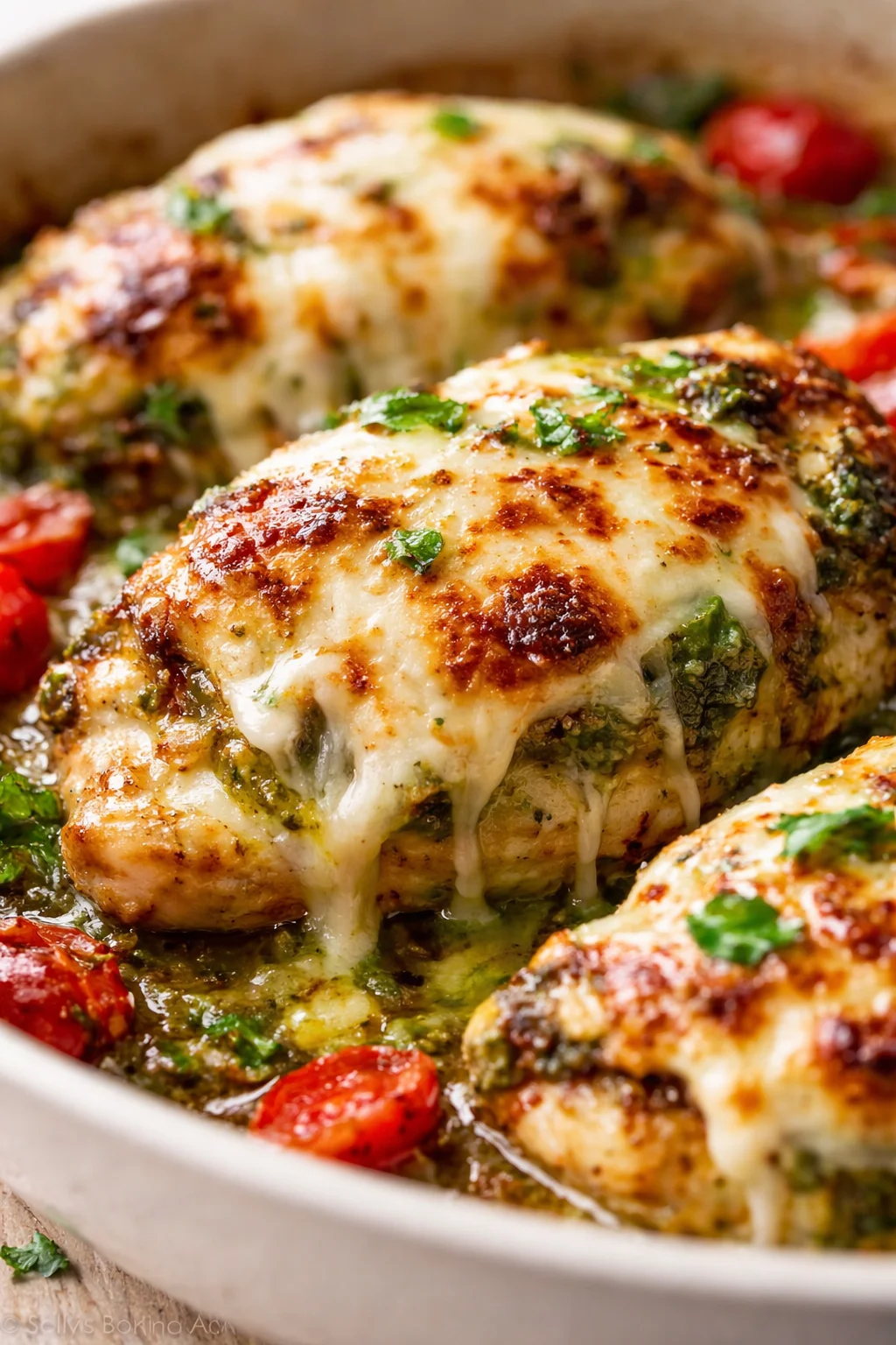golden-brown cheese-topped chicken in a skillet with spinach stuffing, herbs, and tomatoes.