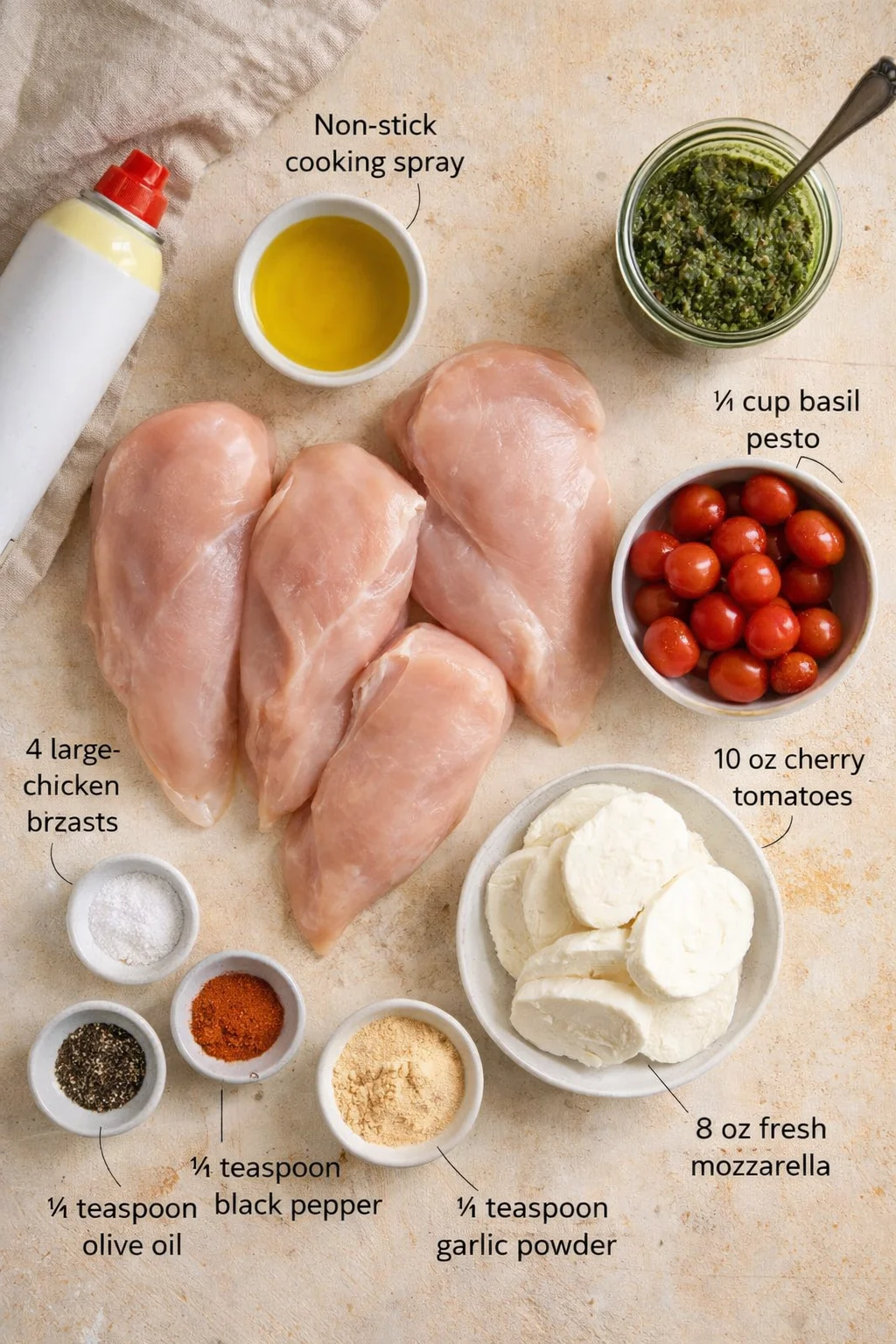 Overhead shot of raw chicken breasts with pesto, tomatoes, mozzarella, and spices, arranged for a recipe