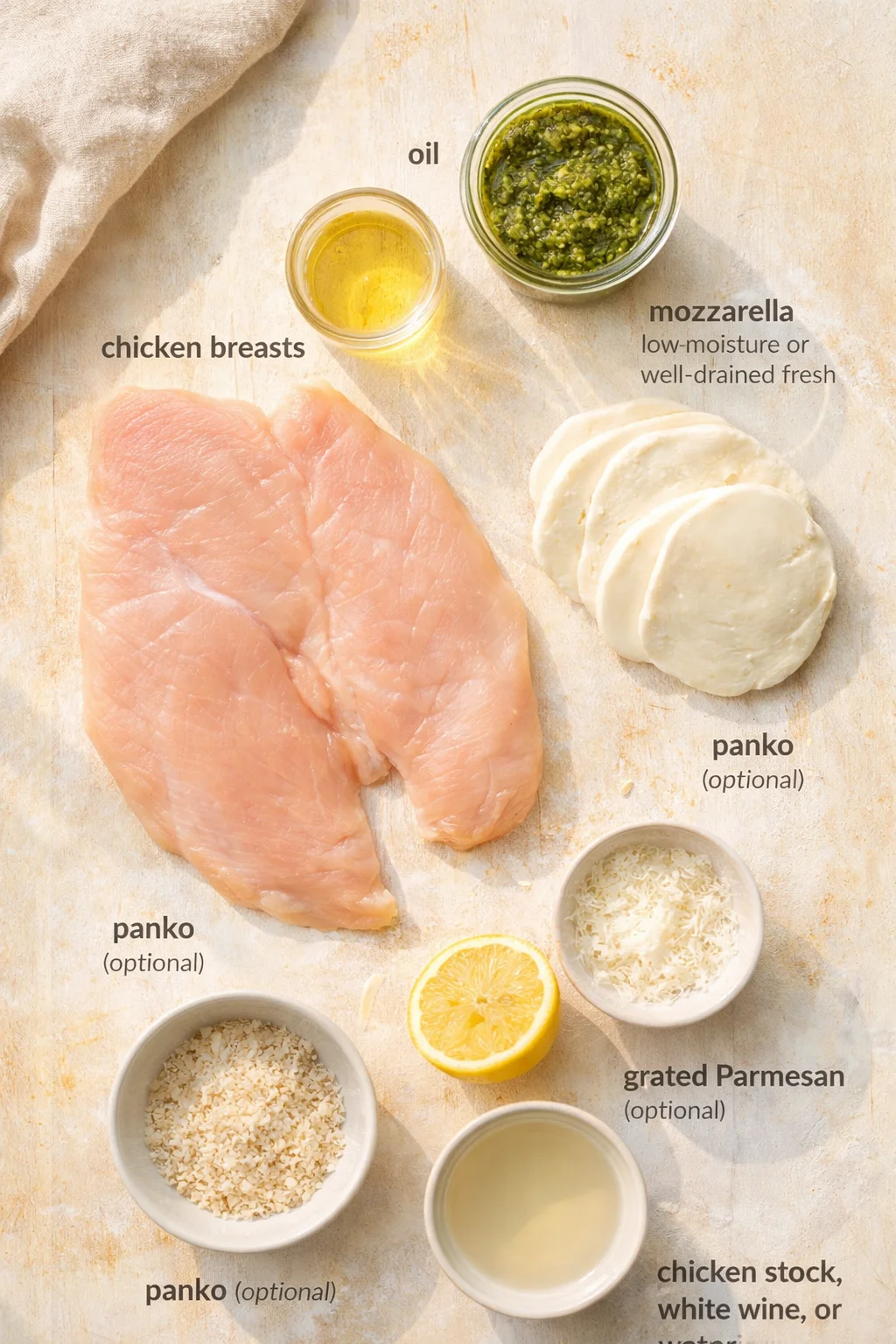 overhead shot of chicken breasts, mozzarella slices, olive oil, lemon, pesto, and breadcrumbs on a light wooden board