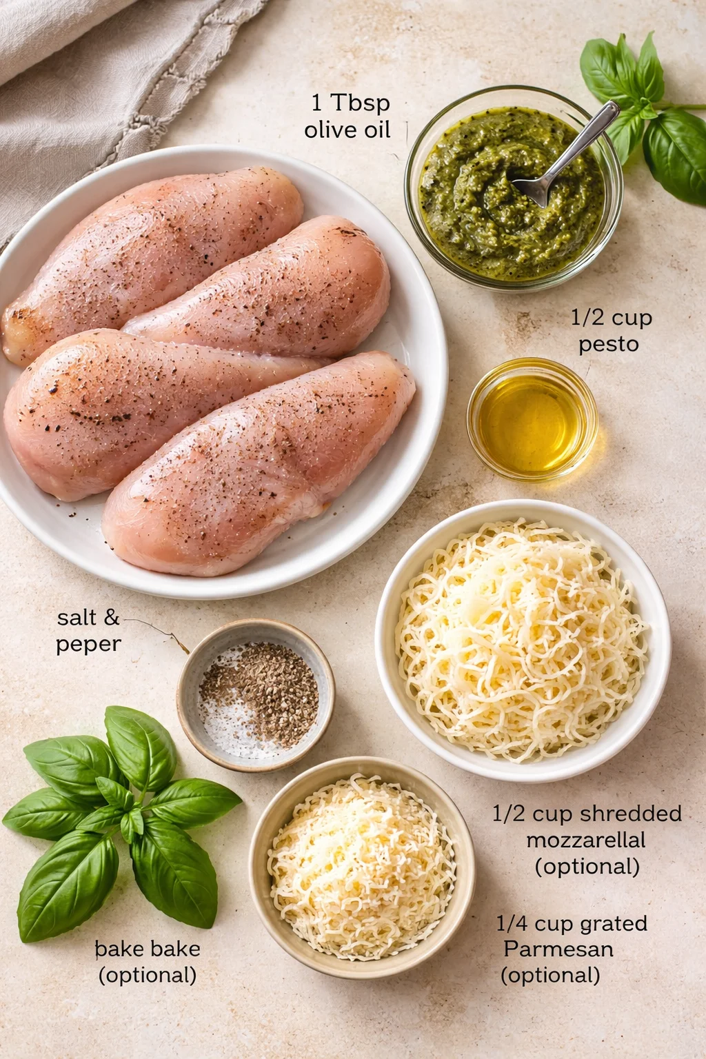 Raw chicken breasts with pesto, olive oil, cheese, basil and seasoning staged for a recipe layout