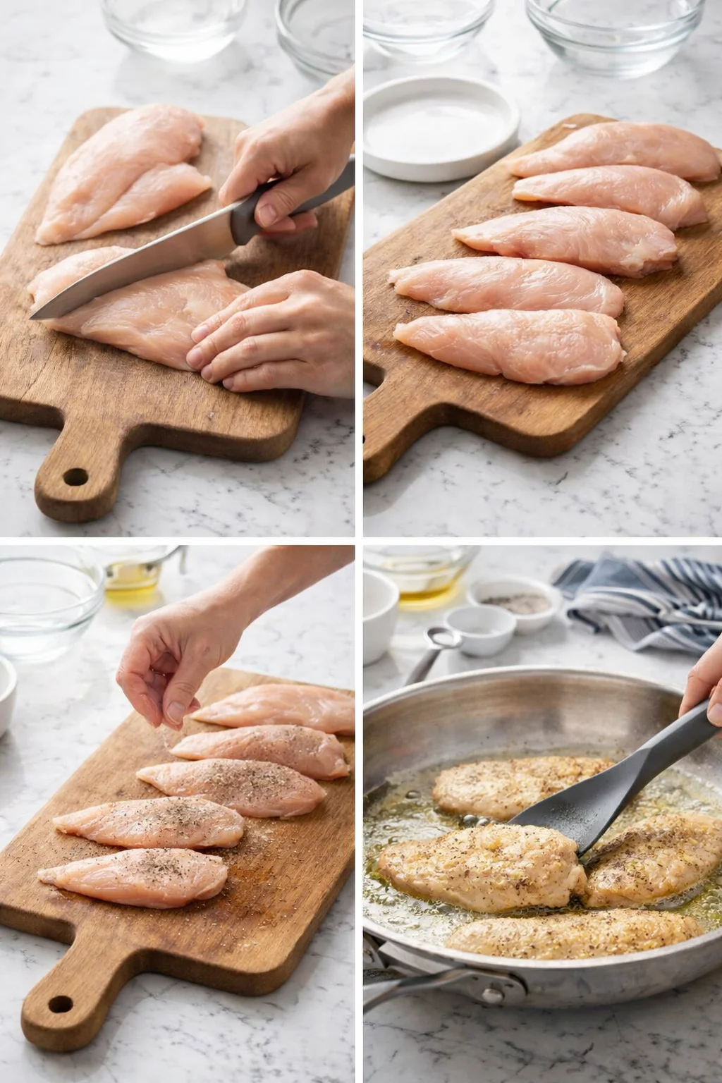 series of raw chicken breasts on a wooden board being sliced, seasoned, and pan-fried.