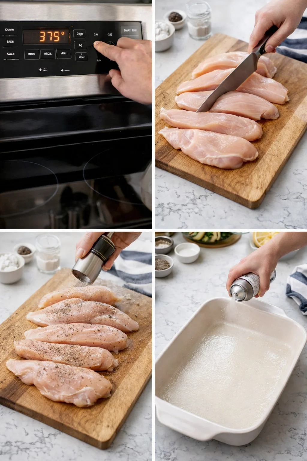 Four-panel collage showing oven at 375F, raw chicken breasts on board, seasoning being added, and spraying a pan.