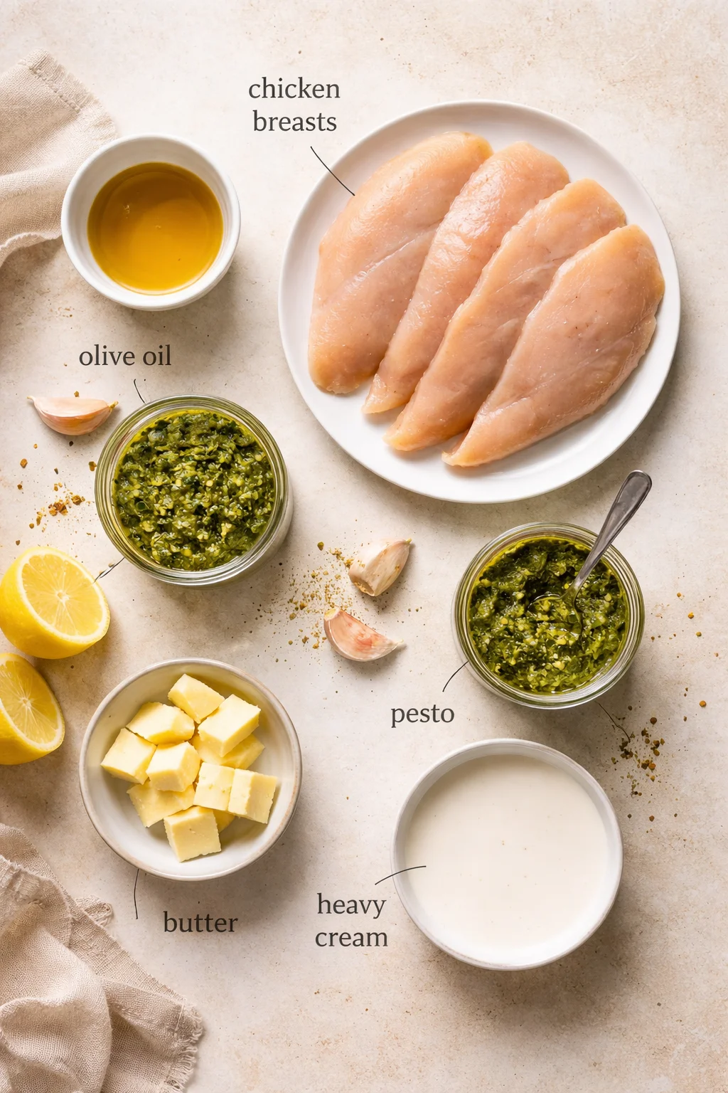 Flat lay of chicken breasts with pesto, butter, heavy cream, lemon, garlic, and olive oil.