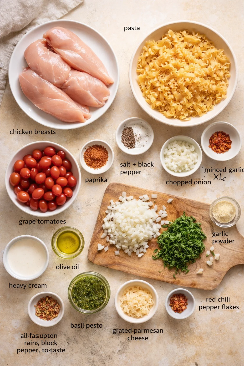 Top-down view of labeled chicken, pasta, tomatoes, and herbs arranged as a recipe ingredient board
