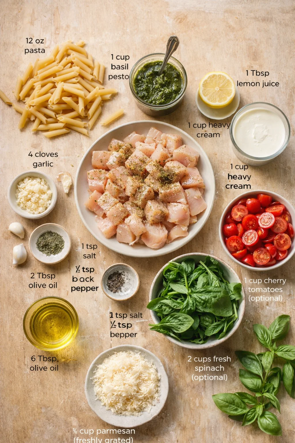 Top-down view of labeled ingredients for chicken pasta on a wooden background