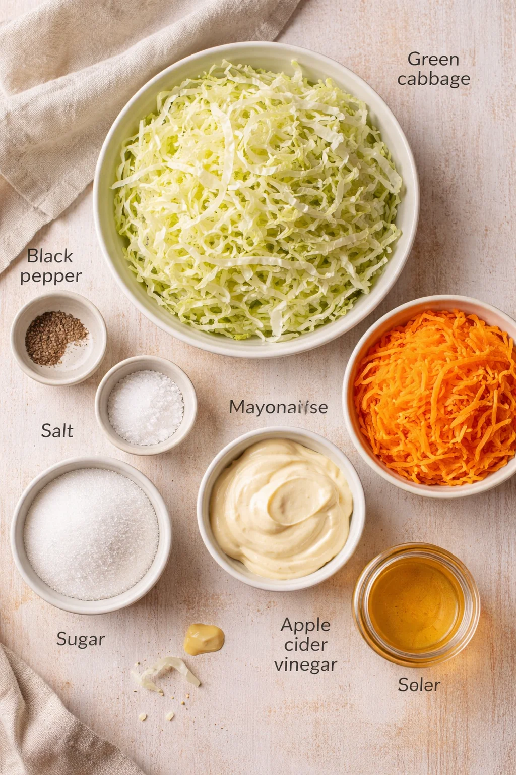 Top-down view of shredded green cabbage and orange carrots with bowls of mayo and vinegar, and labeled ingredients.