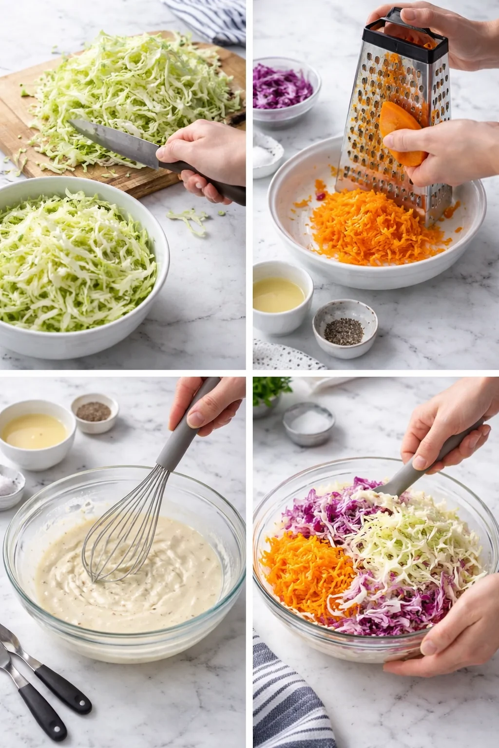 Collage of hands shredding cabbage, grating carrot, whisking dressing, and mixing colorful coleslaw.