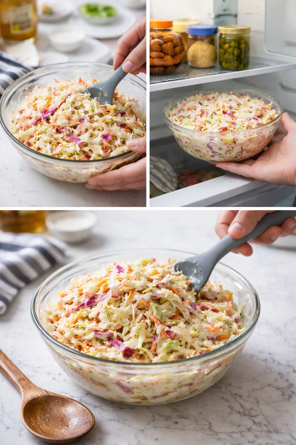 Glass bowl of colorful shredded cabbage coleslaw being mixed with a spatula