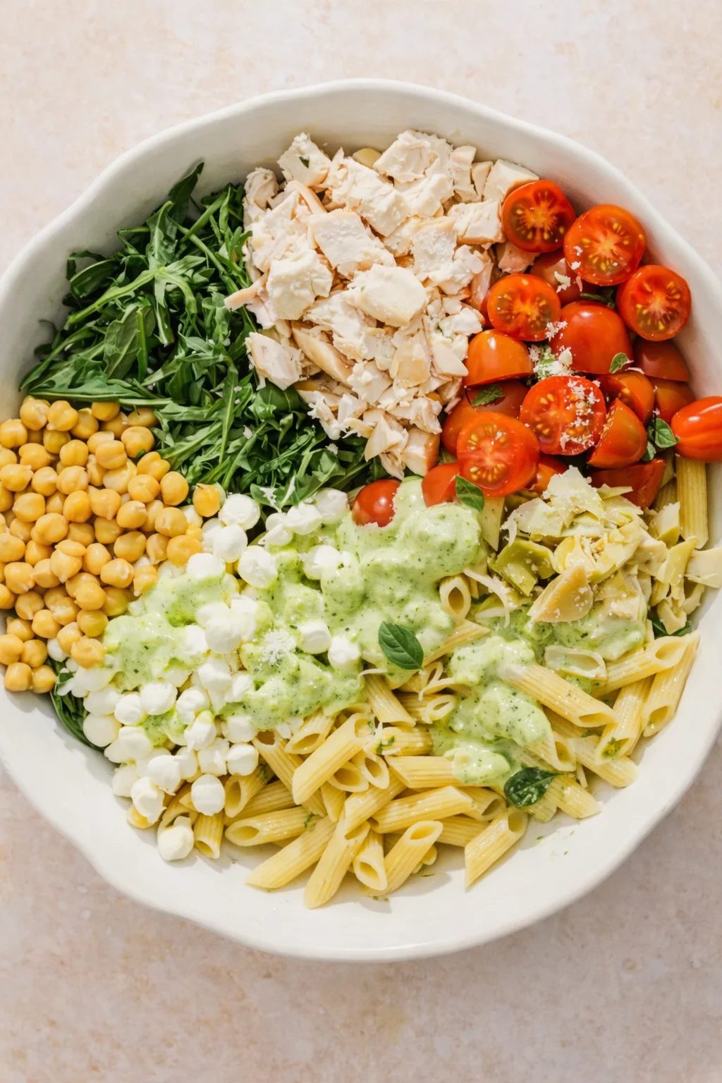 Overhead of a white bowl with penne pasta, pesto sauce, chickpeas, arugula, shredded chicken, mozzarella pearls, and halved cherry tomatoes.