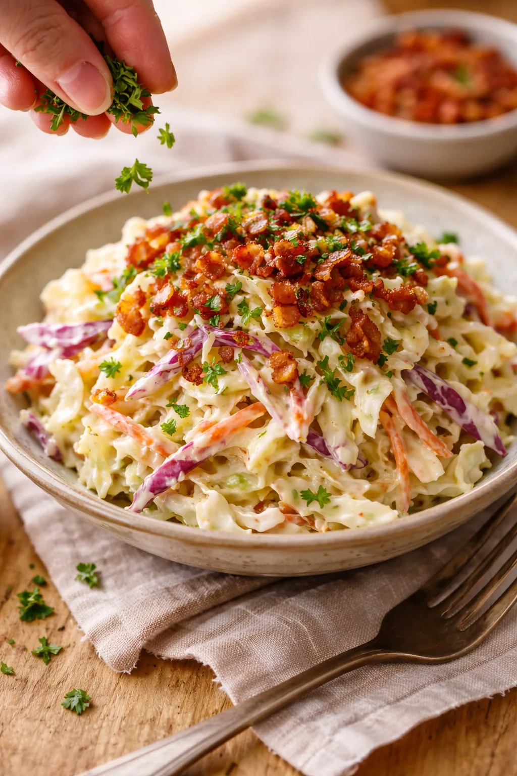 bowl of creamy coleslaw topped with crispy bacon and fresh parsley