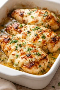 Cheesy baked chicken pieces in a white dish, golden browned tops, chopped parsley garnish