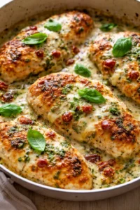 Golden-brown pan-seared chicken breasts in creamy herb sauce with basil garnish