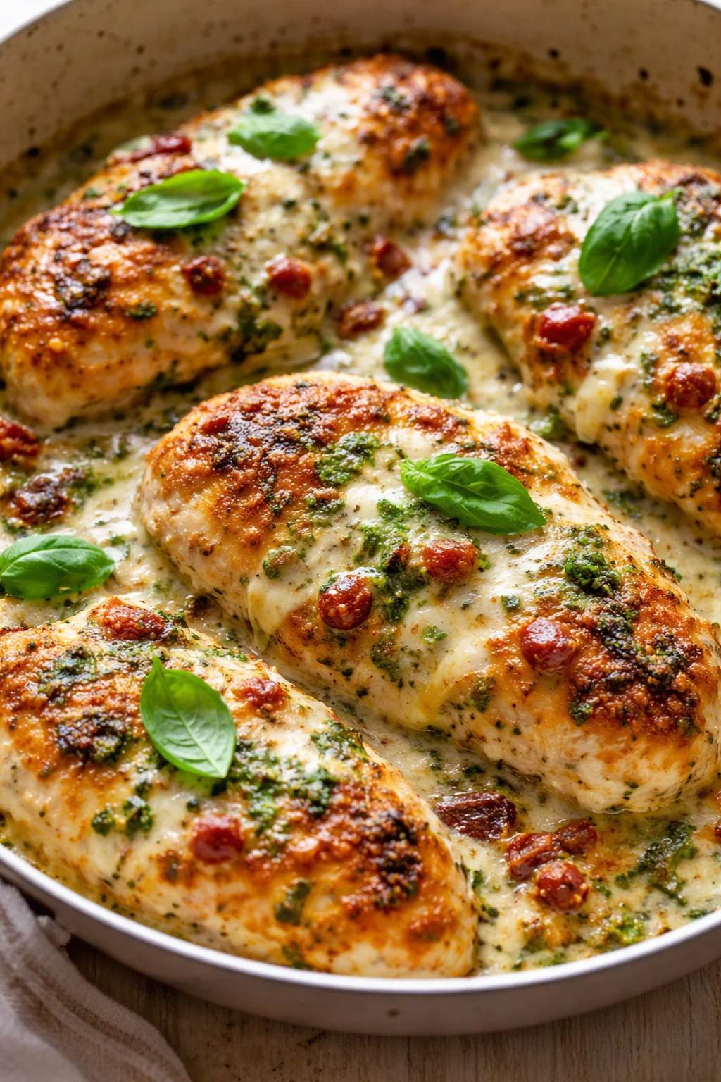 Golden-brown pan-seared chicken breasts in creamy herb sauce with basil garnish
