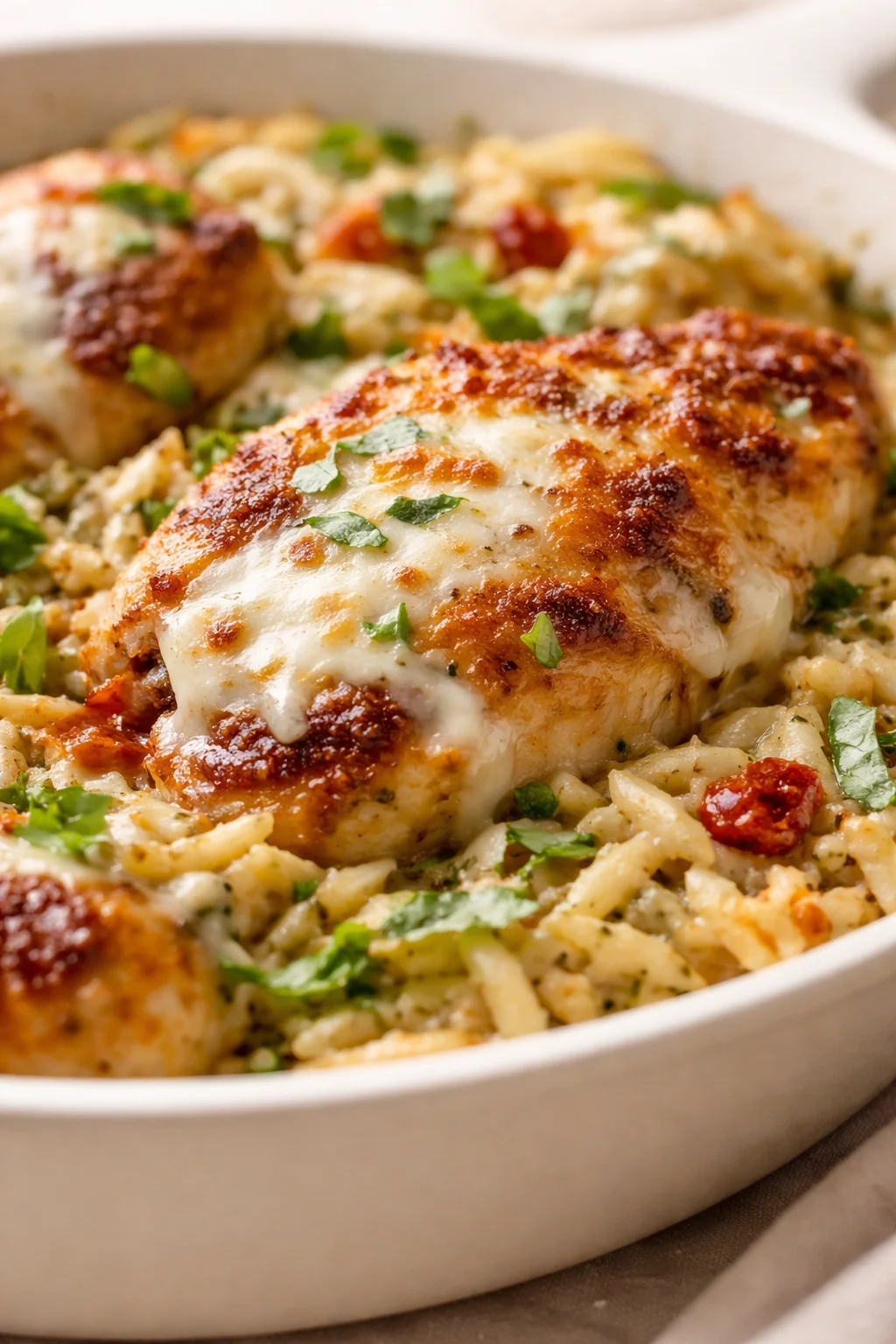 Golden chicken with melted cheese atop a creamy skillet dish, garnished with herbs.