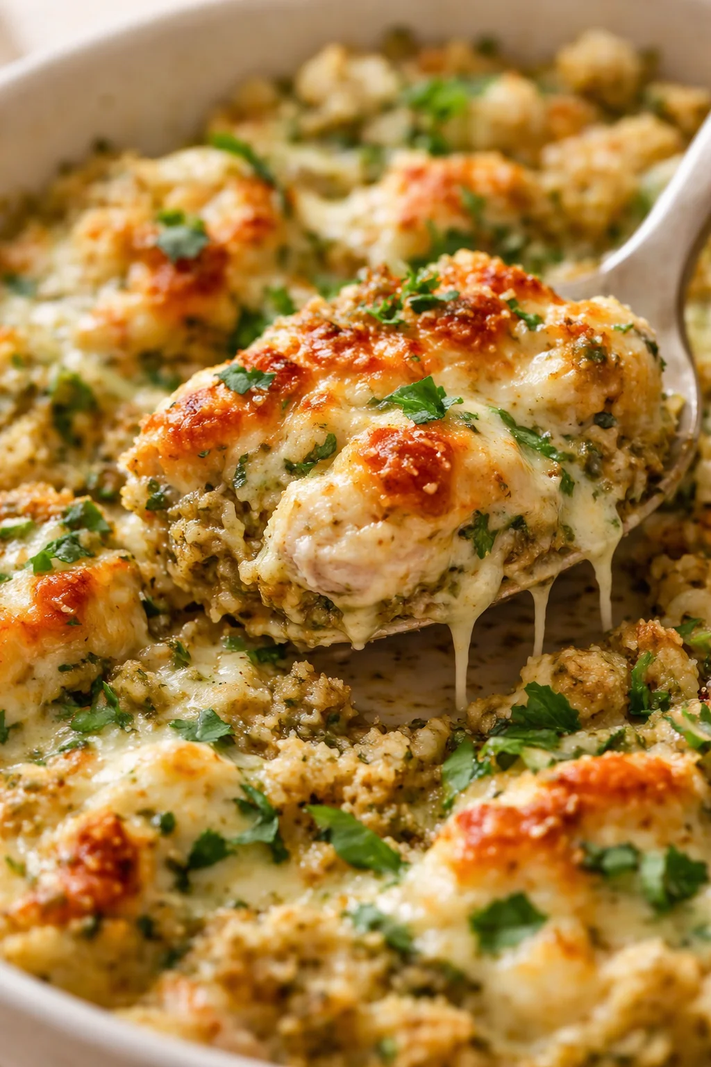 close-up of bubbling creamy chicken bake with melted cheese and parsley in a light baking dish