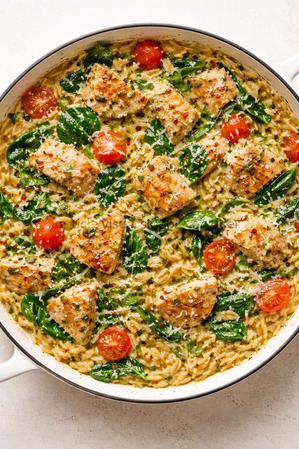 Creamy orzo with spinach, cherry tomatoes, and seared chicken in a white skillet.