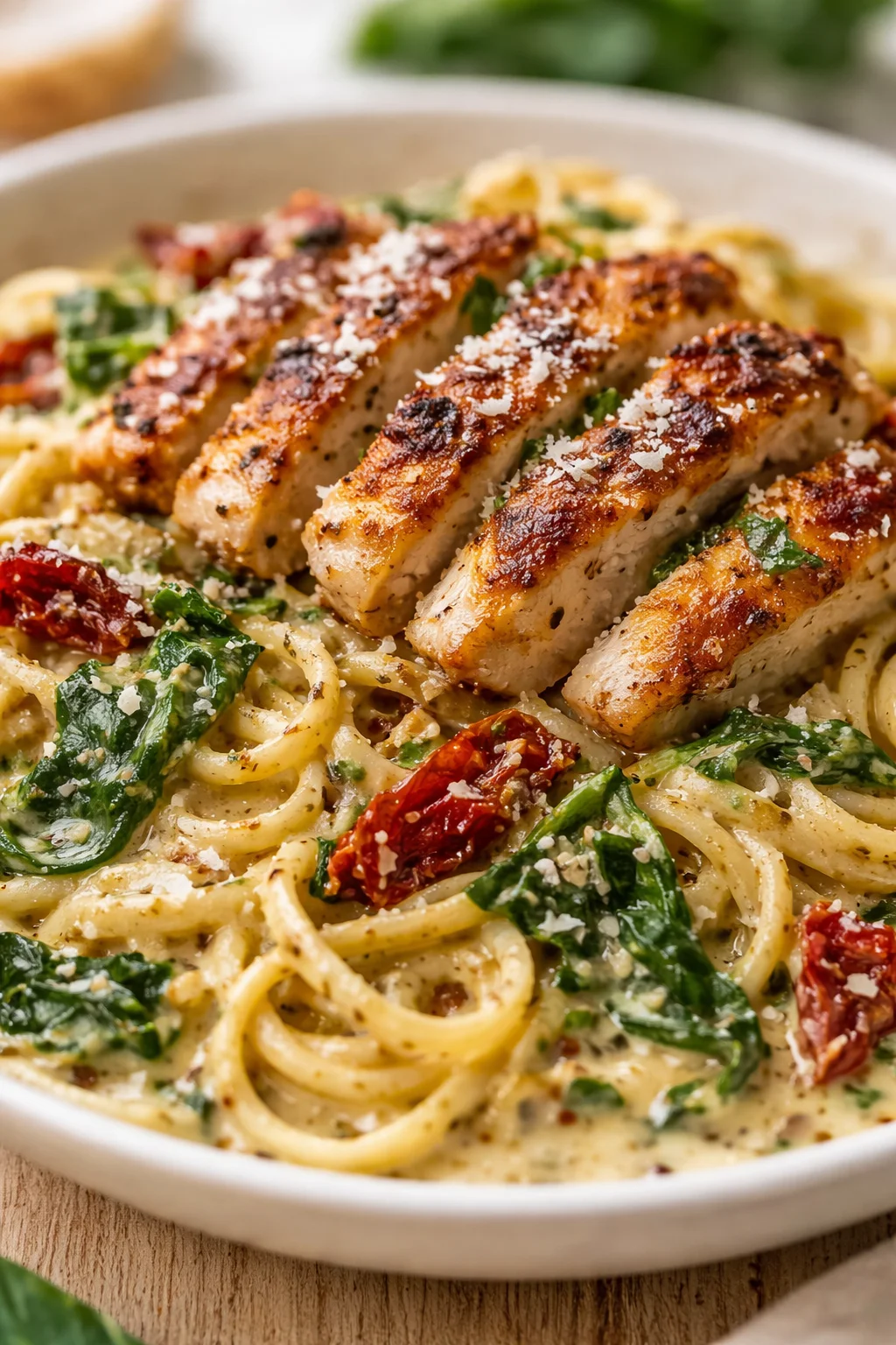 Creamy pasta with seared chicken slices, spinach, and sun-dried tomatoes in a parmesan-speckled sauce.