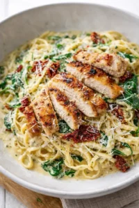 creamy alfredo pasta with sliced chicken and sun-dried tomatoes in a skillet