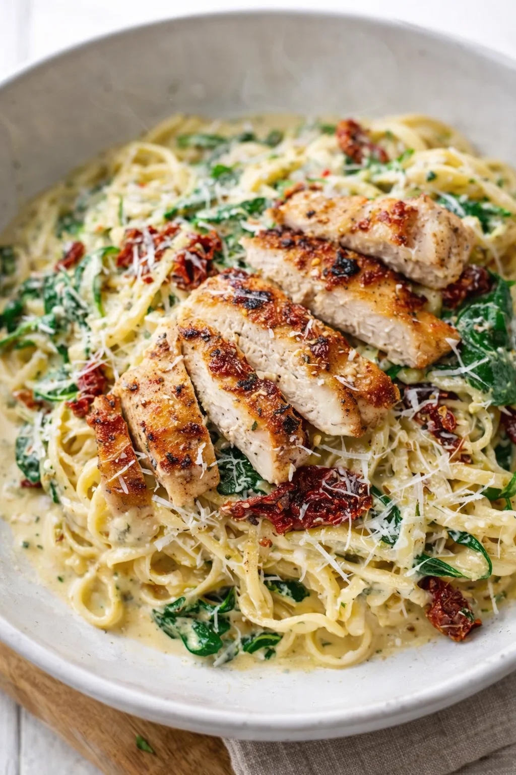 creamy alfredo pasta with sliced chicken and sun-dried tomatoes in a skillet