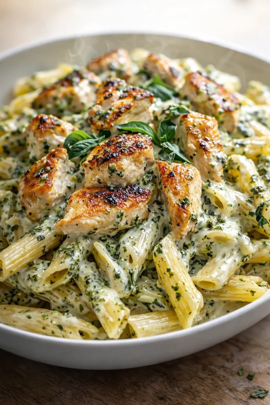 creamy herb sauce pasta with seared chicken pieces in a white bowl