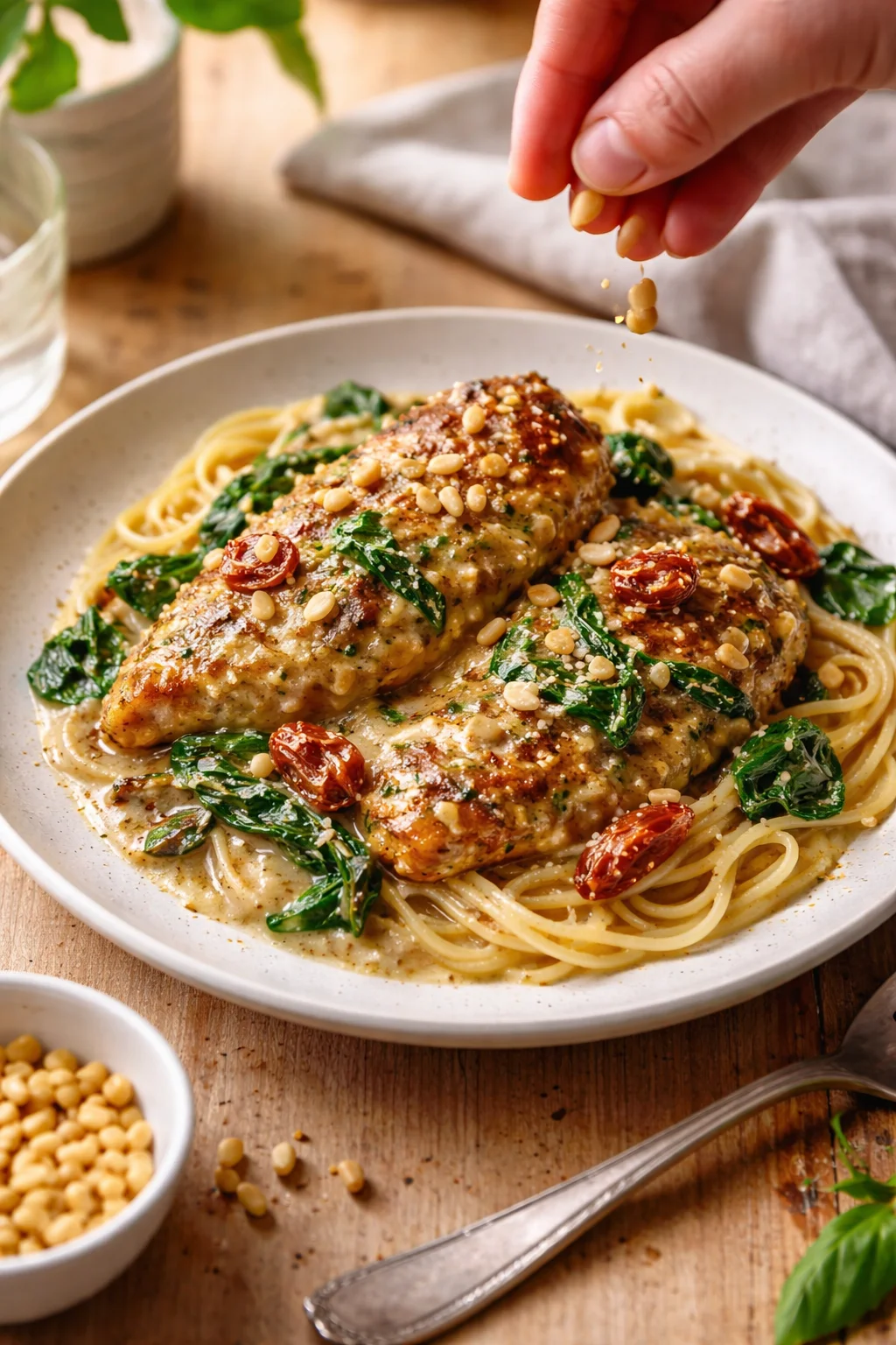 Creamy chicken pasta with spinach, sun-dried tomatoes, and pine nuts on a plated dish.