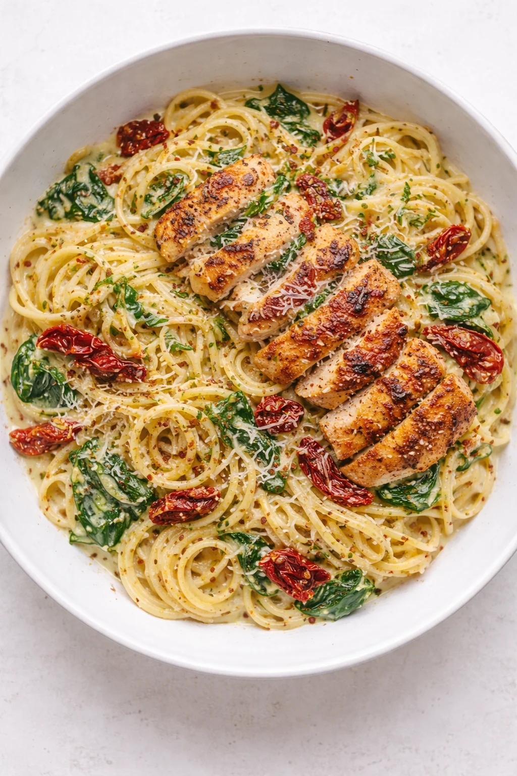 A white bowl holds creamy pasta with pan-seared chicken, spinach, and sun-dried tomatoes.
