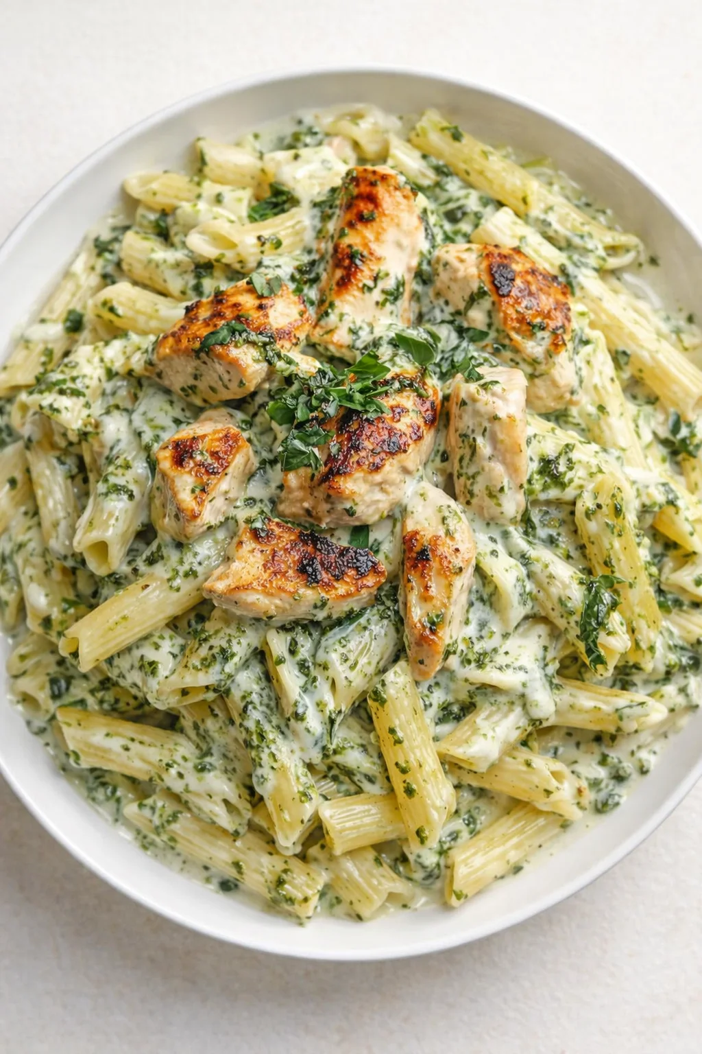 bowl of penne pasta in creamy herb sauce topped with grilled chicken pieces