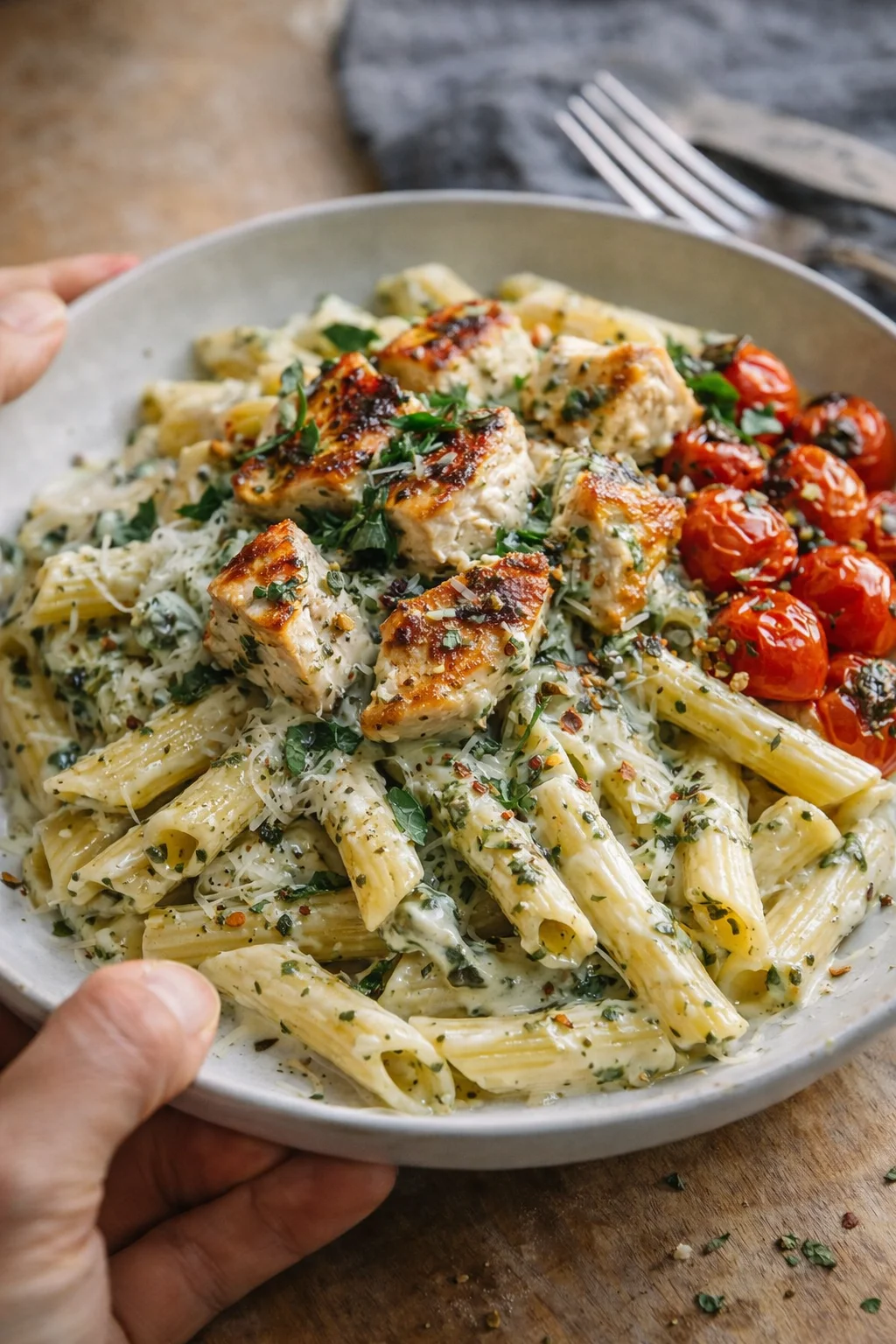 hand holding a gray plate of creamy herb chicken penne pasta with blistered tomatoes.