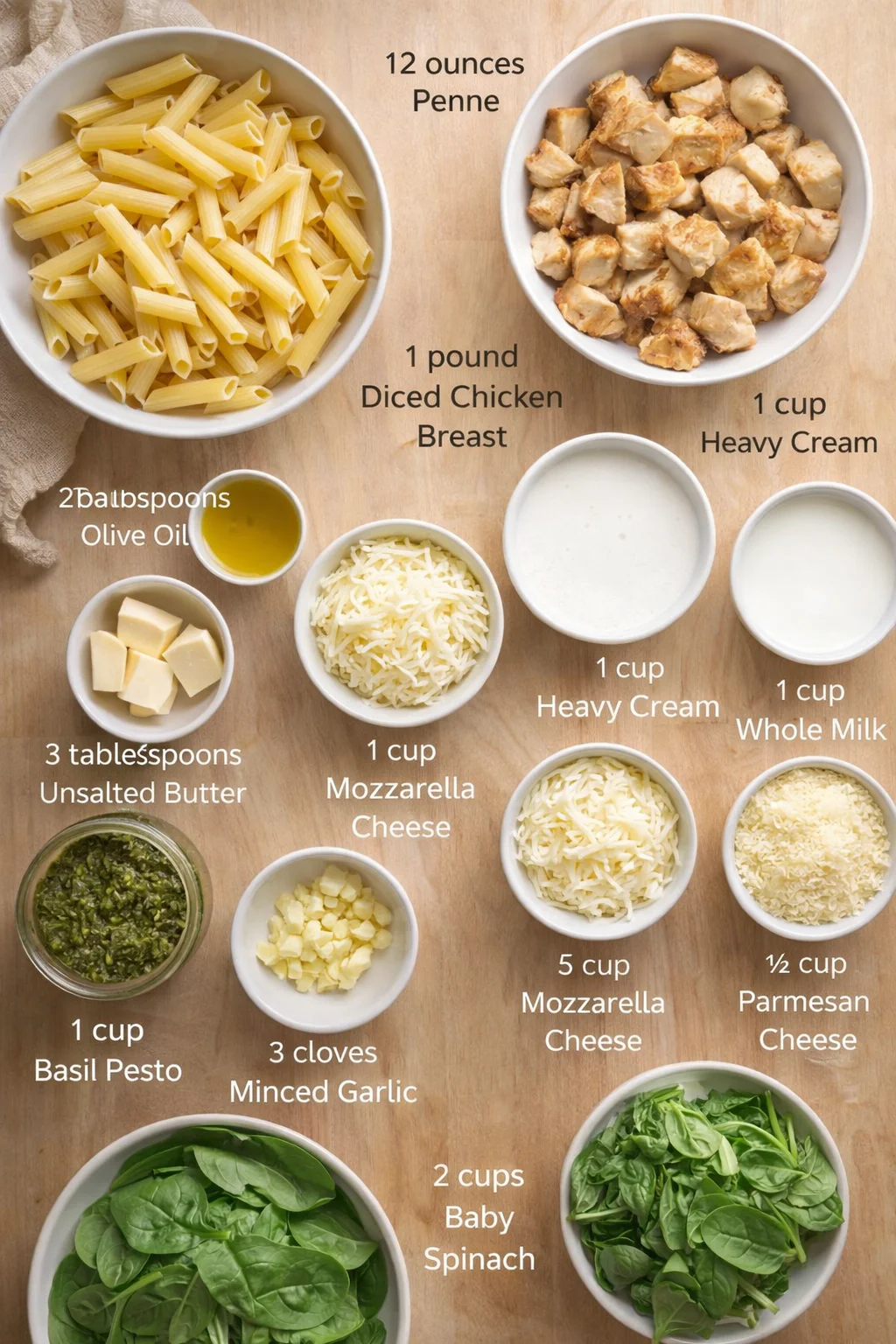top-down layout of ingredients for creamy chicken penne pesto with pasta, chicken, cheeses, greens, and sauces