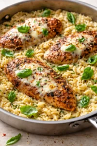 Creamy risotto with pan-seared chicken breasts topped with melted cheese and fresh basil.