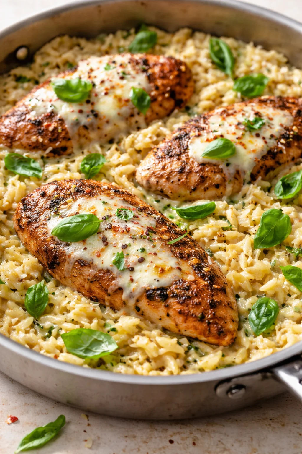 Creamy risotto with pan-seared chicken breasts topped with melted cheese and fresh basil.