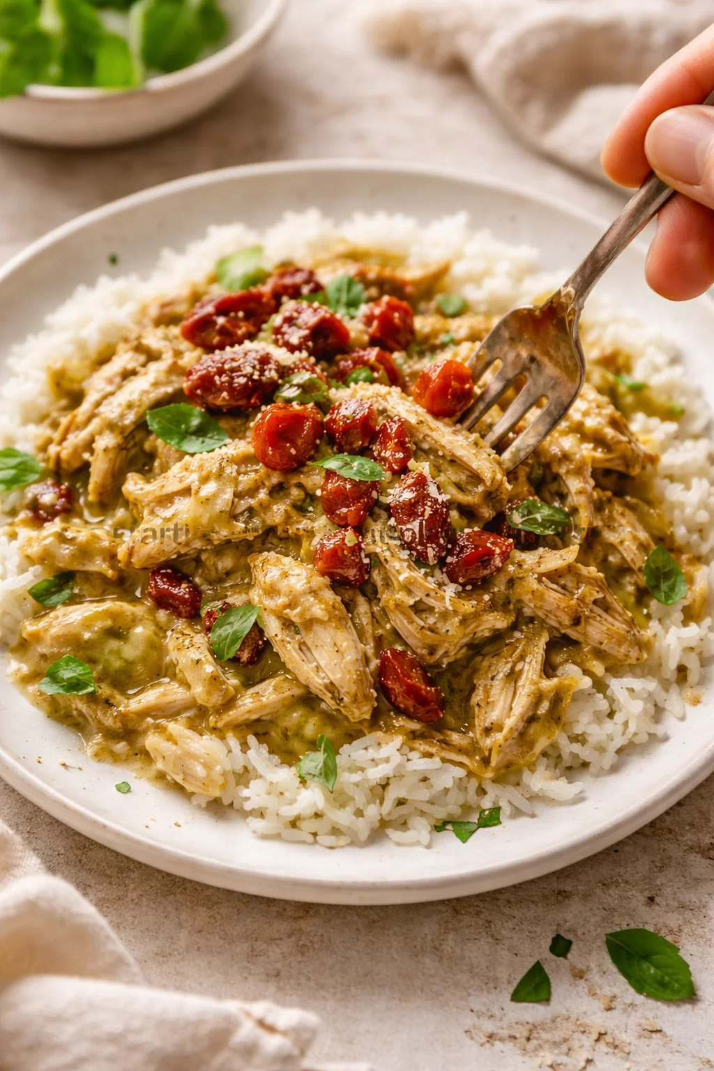 plate of creamy chicken over rice topped with cranberries and fresh herbs