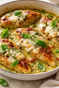 Skillet-seared chicken breasts in a creamy herb sauce topped with fresh basil leaves.