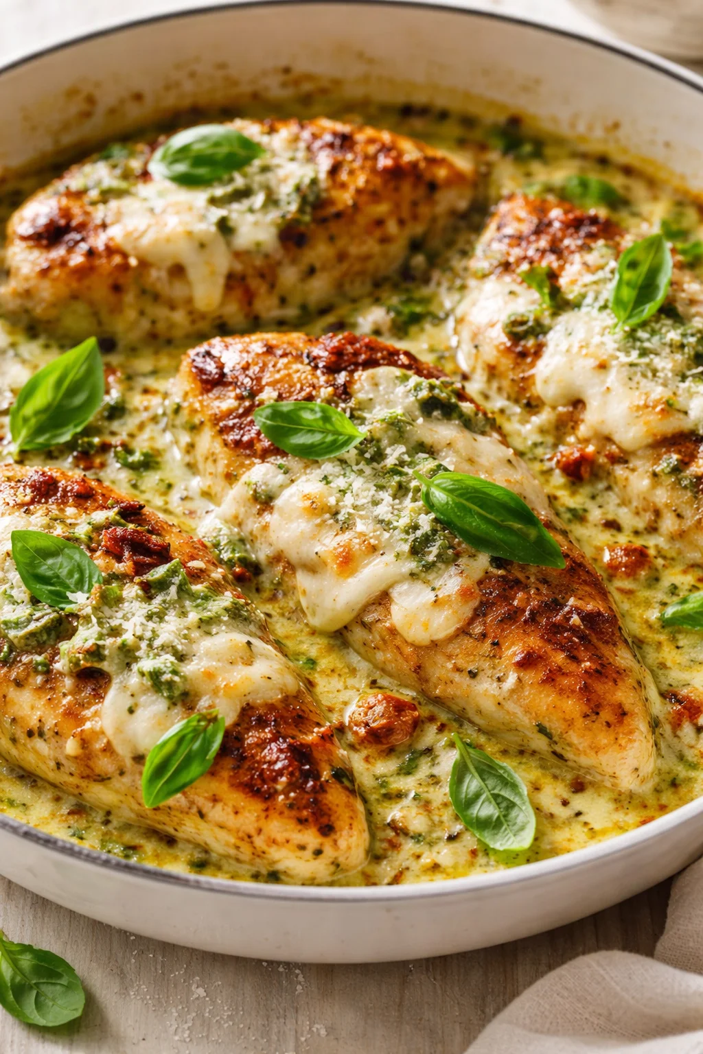 Skillet-seared chicken breasts in a creamy herb sauce topped with fresh basil leaves.