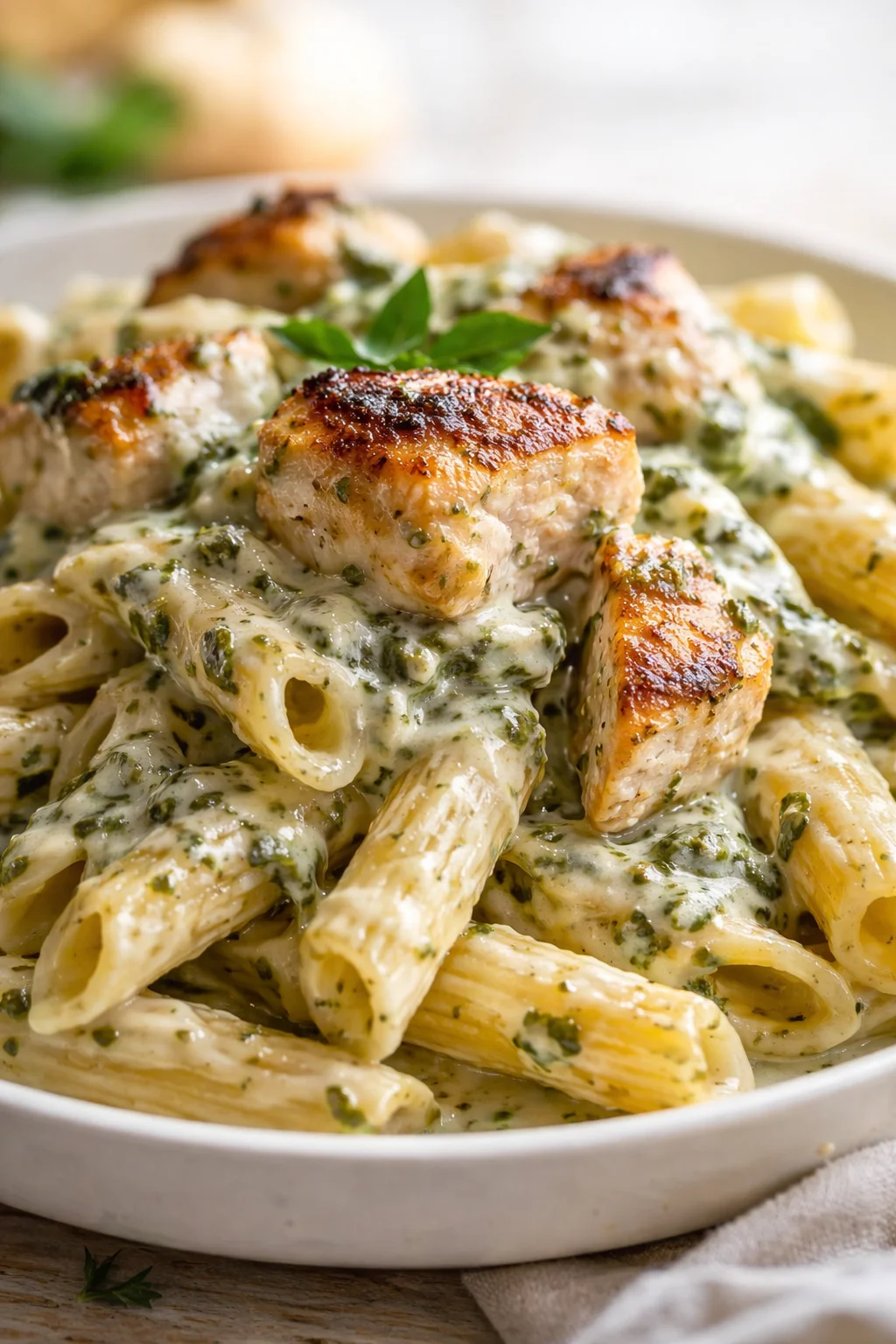 Creamy herb-coated penne pasta topped with golden-brown chicken bites on a white plate.