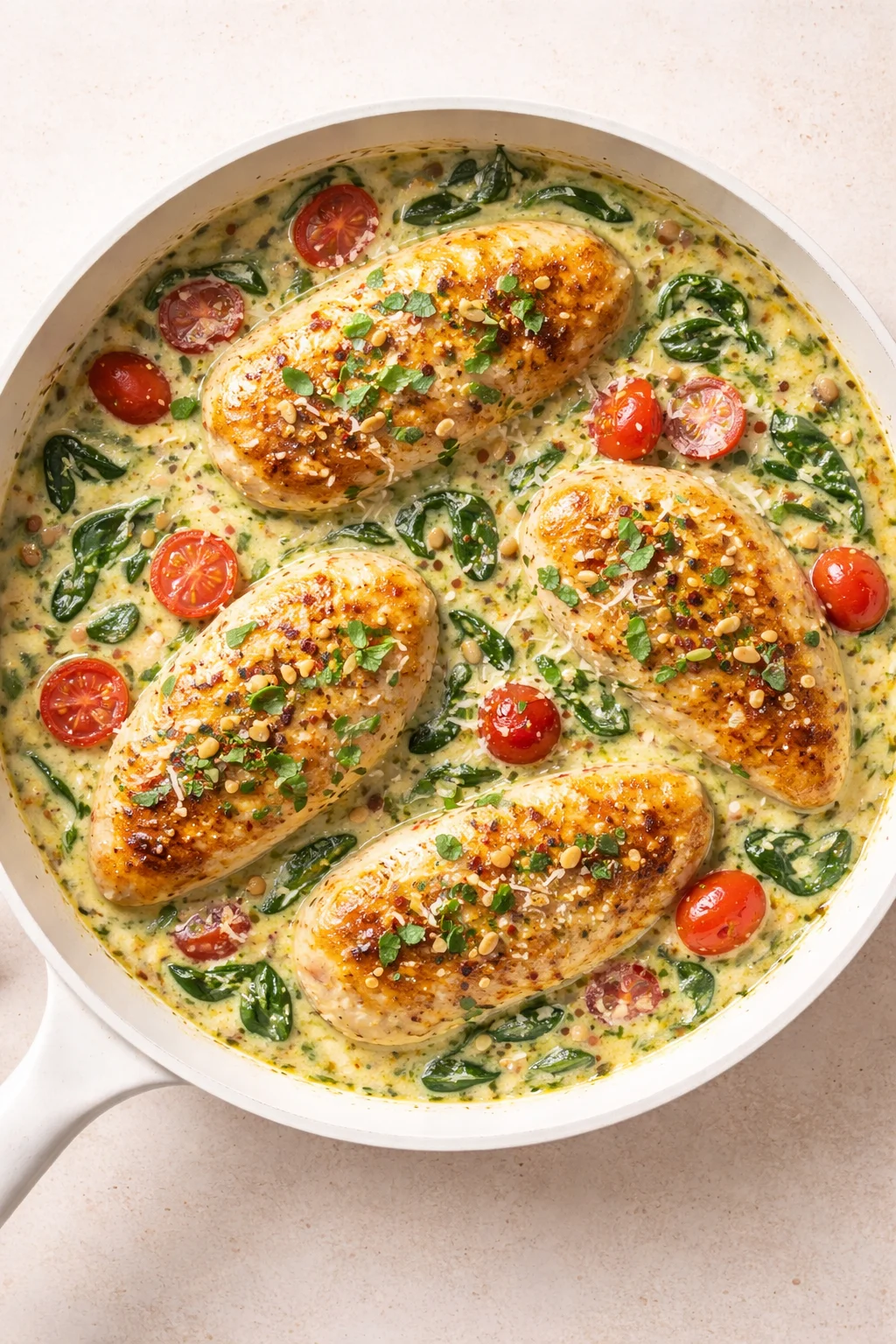 golden-brown chicken breasts in creamy spinach-tomato sauce, garnished with herbs and toasted seeds
